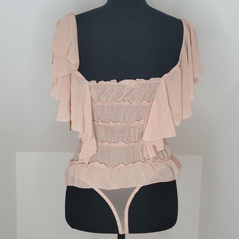 NWT Intimately Free People Smocked Bodysuit S Blush Pink Flutter Sleeve Ruffle - Picture 2 of 9